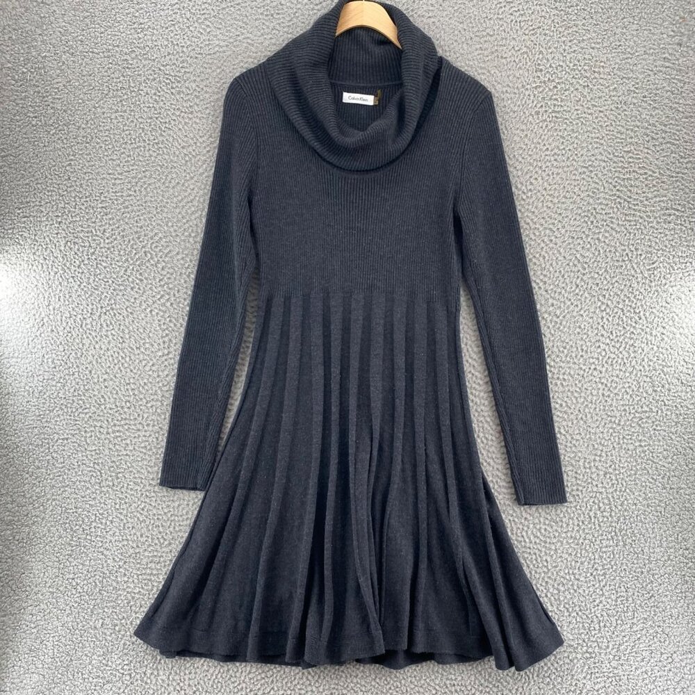 Calvin Klein Dress Womens Medium Gray Ribbed Knit Cowl Neck Long Sleeves Mini